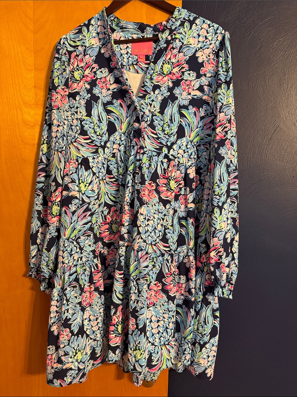 Lilly Pulitzer Navy Floral Long Sleeve Dress with Pink, Light Blue & Green